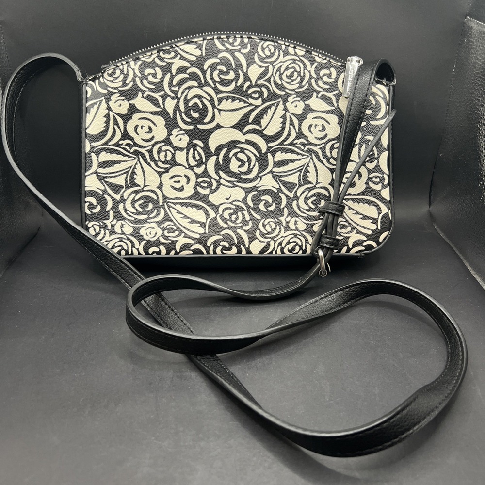 Anne Klein Triple Compartment Crossbody Bag Black White Floral Rose Dome Purse